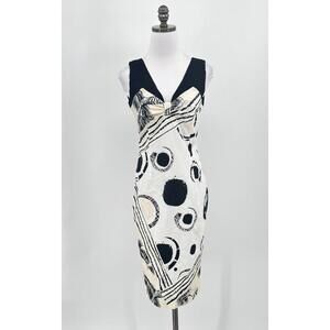 Roberto Cavalli Class Black White Tiger Floral Dots Midi Sheath Dress Sz US 4